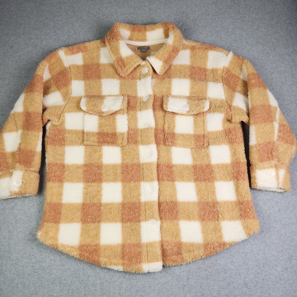 Falls Creek Shacket Women 1X Tan Plaid Sherpa Fleece Soft Cozy Warm Button Front